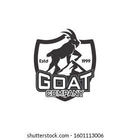 vector logo black shield with goat on rock mountain . logo, icon, template background