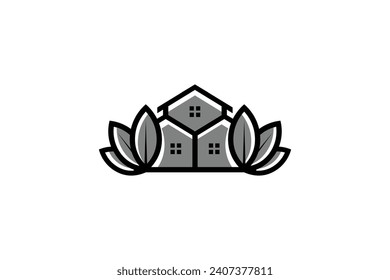 vector logo of a black and silver terraced house with plants around