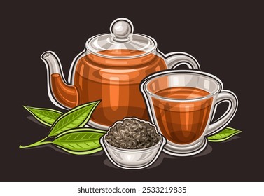 Vector logo for Black Tea Drink, horizontal poster with cartoon design traditional tea composition, decorative card with aromatic black tea in glass teapot and transparent teacup on black background