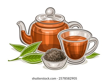 Vector logo for Black Tea Drink, horizontal poster with cartoon design traditional tea composition, decorative placard with fresh black tea in glass teapot and transparent teacup on white background