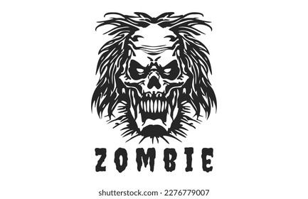 Logo del vector. Cabeza zombi de un esqueleto horrible de miedo blanco y negro. Fondo aislado. Emblema, pegatina o icono.