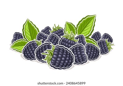 Vector logo for Blackberry, decorative horizontal poster with outline illustration of ripe blackberry composition with green sprigs, cartoon design fruity print with blackberries on white background