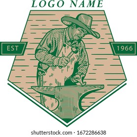 Vector Logo Blacksmith. Retro Illustration Logo in Engraving Style