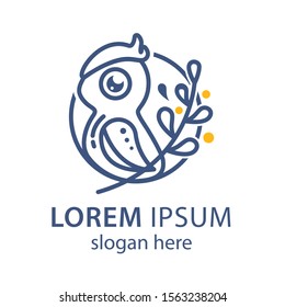 Vector logo. Blue bird with a branch. Owl. Bird protection.