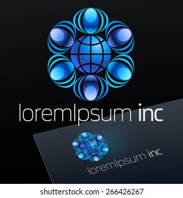 Vector logo with with blue globe on dark Background.