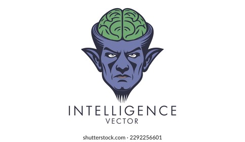 Vector logo, a blue head with an open green brain and an inscription, intelligence. White isolated background.