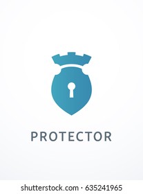 Vector logo with a blue shield and a keyhole. It also has castle turrets on top. Logotype expressing safety, security, protection, reliability.