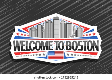 Vector logo for Boston, white decorative badge with line illustration of modern boston city scape on day sky background, art design fridge magnet with unique letters for black words welcome to boston.