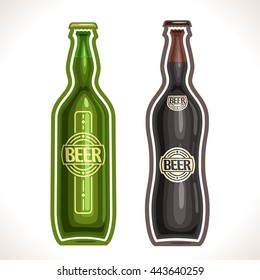 Vector logo for bottle beer, consisting of 2 isolated glass bottle, filled to the brim light lager pilsner and dark Porter beer on a white background. On glass pint with alcohol drink exclusive label