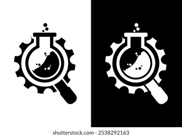 Vector logo of bottle and magnifying glass and gear. Laboratory or science symbol or icon. Unique bottle and search logo design template.