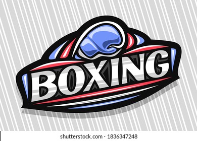 Vektorlogo für Boxsport, dunkles, modernes Emblem mit Illustration von Fliegenhandschuh im Tor, einzigartige Schrift für Grauwortboxen, Sportschild mit dekorativen Blüten und trendiger Linienkunst.