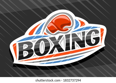 Vektorlogo für Boxsport, weißes, modernes Emblem mit Illustration von fliegendem Handschuh im Tor, einzigartige Schrift für schwarzes Wortboxen, Sportschild mit dekorativen Blüten und trendiger Linienkunst.