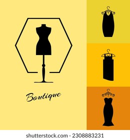 Vector logo and branding design for boutique, clothing store, atelier, exclusive. Colorful templates. Mannequin and Small black dresses.
