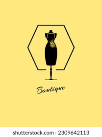 Logo vector y diseño de marca para boutique, tienda de ropa, atelier, exclusiva. Mannequín y vestido negro pequeño.