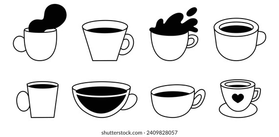 Vector logo and branding design elements, coffee cups, concept simple linear illustration for cafe, menu, banner, print, minimalistic outline icon