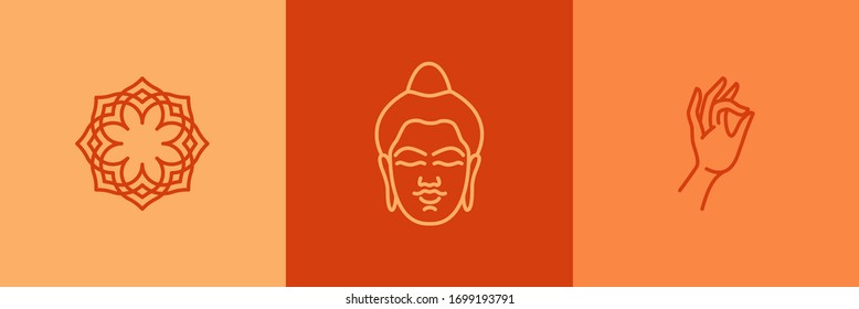 Vector logo and branding design label in linear minimal design, emblem for yoga and spa studio - buddha face, ornament and icon hand.