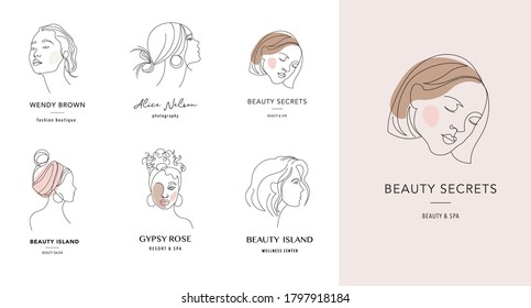 Vector logo and branding design templates in minimal style, for beauty center, fashion studio, haircut salon and cosmetics - female portrait, beautiful woman's face  - Shutterstock ID 1797918184