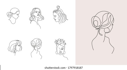 Vector logo and branding design templates in minimal style, for beauty center, fashion studio, haircut salon and cosmetics - female portrait, beautiful woman's face 