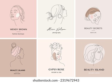 Logo vectorial y plantillas de diseño de marca de estilo mínimo, para centro de belleza, estudio de moda, peluquería y cosméticos - retrato femenino, hermoso rostro de mujer. Conjunto de ilustraciones de vector