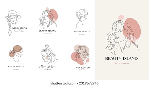 Vector logo and branding design templates in minimal style, for beauty center, fashion studio, haircut salon and cosmetics - female portrait, beautiful woman's face. Vector illustration set