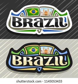 Vector logo for Brazil country, fridge magnet with brazilian flag, original brush typeface for word brazil and national brazilian symbol - Church of St. Francis in Salvador on cloudy sky background.