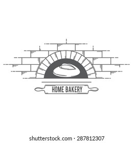 Vector logo for bread products with the image of a rolling pin to roll out the dough, the oven which the bread is baked and case labels.
