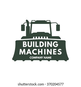 vector logo of the building machines company,tractor icon with a scoop, building equipment company emblem