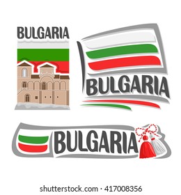 Vector logo for Bulgaria, 3 isolated illustrations: Asenova Fortress on background of national state flag, symbol of Bulgaria architecture and bulgarian flag beside red and white martenitsa close-up
