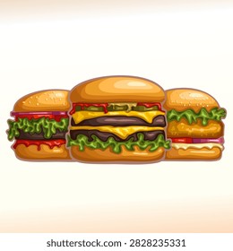 Vector logo for Burger Menu, placard with classic hamburger, unhealthy cheeseburger and home made chickenburger, sign board with 3 various burgers, big burger menu for shopwindow fast food cafe