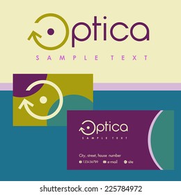 Vector logo, business card for optics. Colored background.