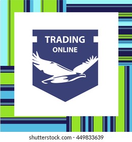 Vector logo for business trading online with silhouette white eagle on dark blue shield. Concept logotype for investing company. 