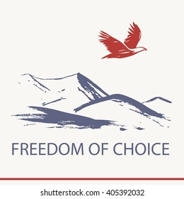 Vector logo business training about freedom of choice. Illustration elegant style with eagle and mountain. 