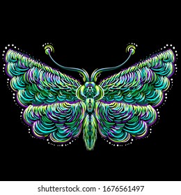 Der Vektorillustration-Logo Schmetterling für Tätowierungen oder T-Shirt-Design oder Outwear.  Schmetterlingshintergrund in scharfem Druck. Diese Handzeichnung ist für schwarze Stoffe oder Leinwände. 