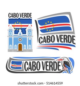 Vector logo Cabo Verde, 3 isolated images: catholic church in Sao Filipe on background national state flag, symbol republic of cabo verde architecture, cape verde flags, bird grey-headed kingfisher.