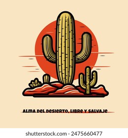 Logo de Vector de un cactus en el desierto. El arte digital de un cactus en el desierto es un poderoso símbolo de resiliencia y fuerza. El cactus está alto y orgulloso