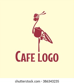 Vector logo of cafe or restaurant. Symbol in the form of the bird silhouette of the various kitchen food items