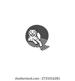 Logotipo de Vector de un tigre tranquilo sentado con la letra Q del alfabeto. Una mezcla perfecta de fuerza y serenidad para la marca profesional, los deportes o la identidad de lujo.