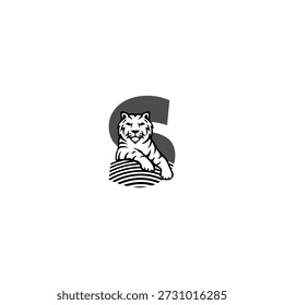 Logotipo vetorial de um tigre calmo sentado com letra S do alfabeto. Uma combinação perfeita de força e serenidade para marcas profissionais, esportes ou identidade de luxo.

