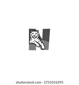 Logotipo vetorial de um tigre calmo sentado com letra N do alfabeto. Uma combinação perfeita de força e serenidade para marcas profissionais, esportes ou identidade de luxo.