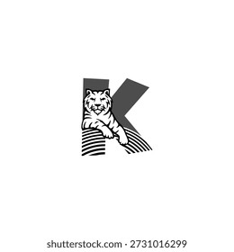 Logotipo vetorial de um tigre calmo sentado com letra K do alfabeto. Uma combinação perfeita de força e serenidade para marcas profissionais, esportes ou identidade de luxo.