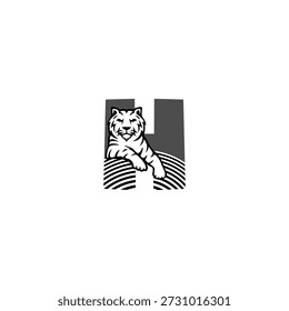Vector logo of a calm tiger sitting with alphabet H letter. A perfect blend of strength and serenity for professional branding, sports, or luxury identity.