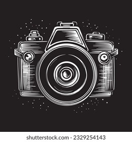 Vector logo of a camera with a lens isolated on a black background.