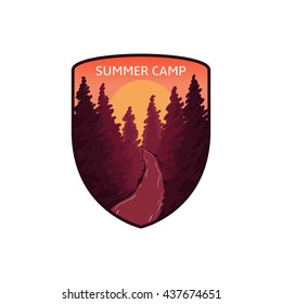 Vector logo of camping. Vector template of label of outdoor club or adventure badge. Beautiful sunset in the forest with a river view.