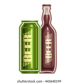 Vector logo for can and bottle beer, consisting of aluminum metal can and glass bottle filled light lager pilsner and dark Porter beer on white background. Container with alcohol drink exclusive label