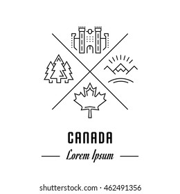 Vector logo Canada. Hipster emblem, label or banner for travel company or country. Line sign with elements. Concept brand.