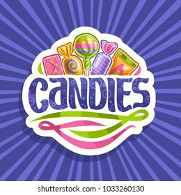 Vector logo for Candies, on cut paper sticker 5 wrapped sweets in colorful plastic package up, original brush typeface for word candies and abstract swirls down, on blue background of rays of light.