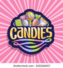 Vector logo for Candies, on dark sticker 5 wrapped sweets in colorful plastic package up, original brush typeface for word candies and swirls rainbow colored down, on pink background of rays of light.