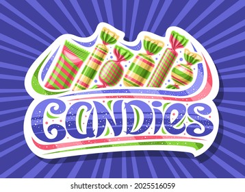 Vector logo for Candies, white decorative sign board with illustration of different bubblegums and yummy fruit candy in a row, poster with unique brush lettering for blue word candies for sweet store.
