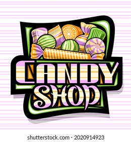 Vector logo for Candy Shop, dark decorative sign board with illustration of assorted wrapping and striped cute candies, poster with unique brush lettering for words candy shop on stripes background.