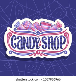 Vector logo for Candy Shop, on cut paper signage 5 wrapped sweets in pink and blue plastic package, original font for words candy shop, lollipop in striped wrap, fruit hard candies in glossy wrapping.